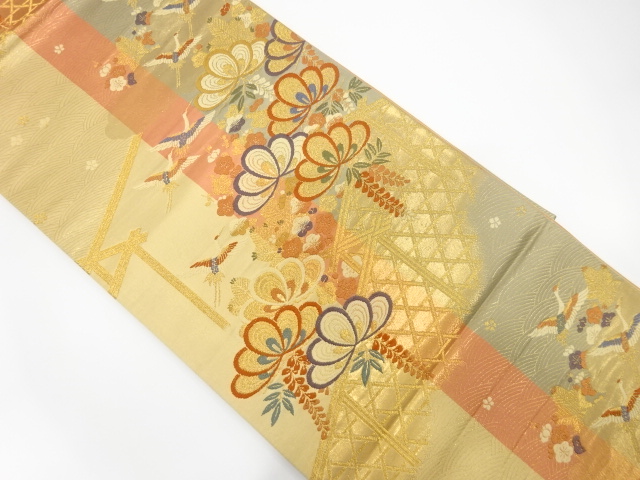 JAPANESE FUKURO OBI / WOVEN CRANES & WISTERIA